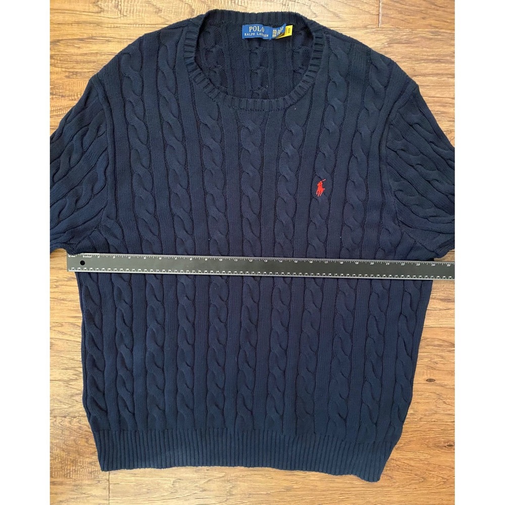 Polo Ralph Lauren Mens XXL Navy Blue Cable Knit Crewneck Sweater Red Pony Logo - Picture 6 of 6